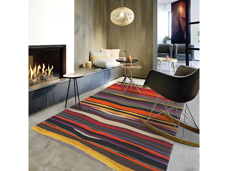 tapis salle à manger 250x350 tissé en laine rouge et orange motif géométrique