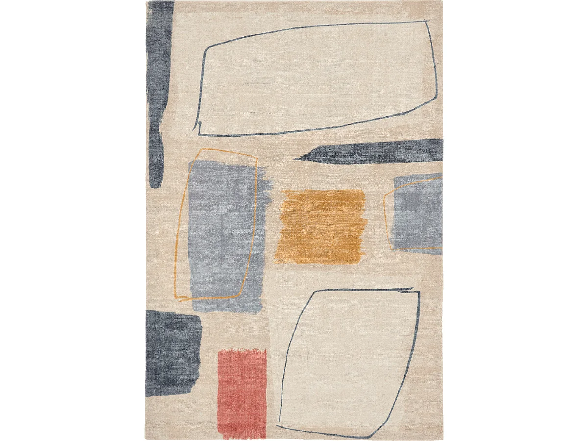 tapis grand salon 250x350 fait à la main en laine beige et bleu motif abstrait