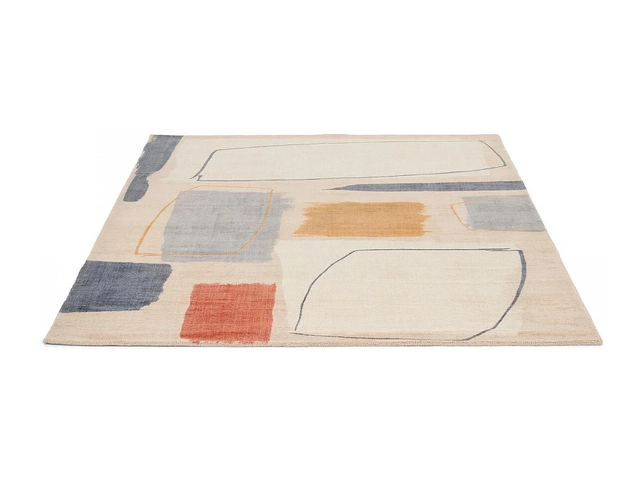 tapis grand salon 250x350 fait à la main en laine beige et bleu motif abstrait