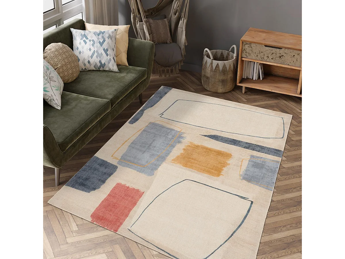 tapis grand salon 250x350 fait à la main en laine beige et bleu motif abstrait