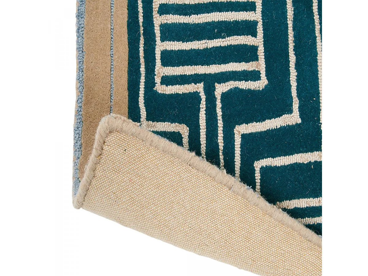 tapis entrée 140x200 fait à la main en laine vert et beige motif géométrique