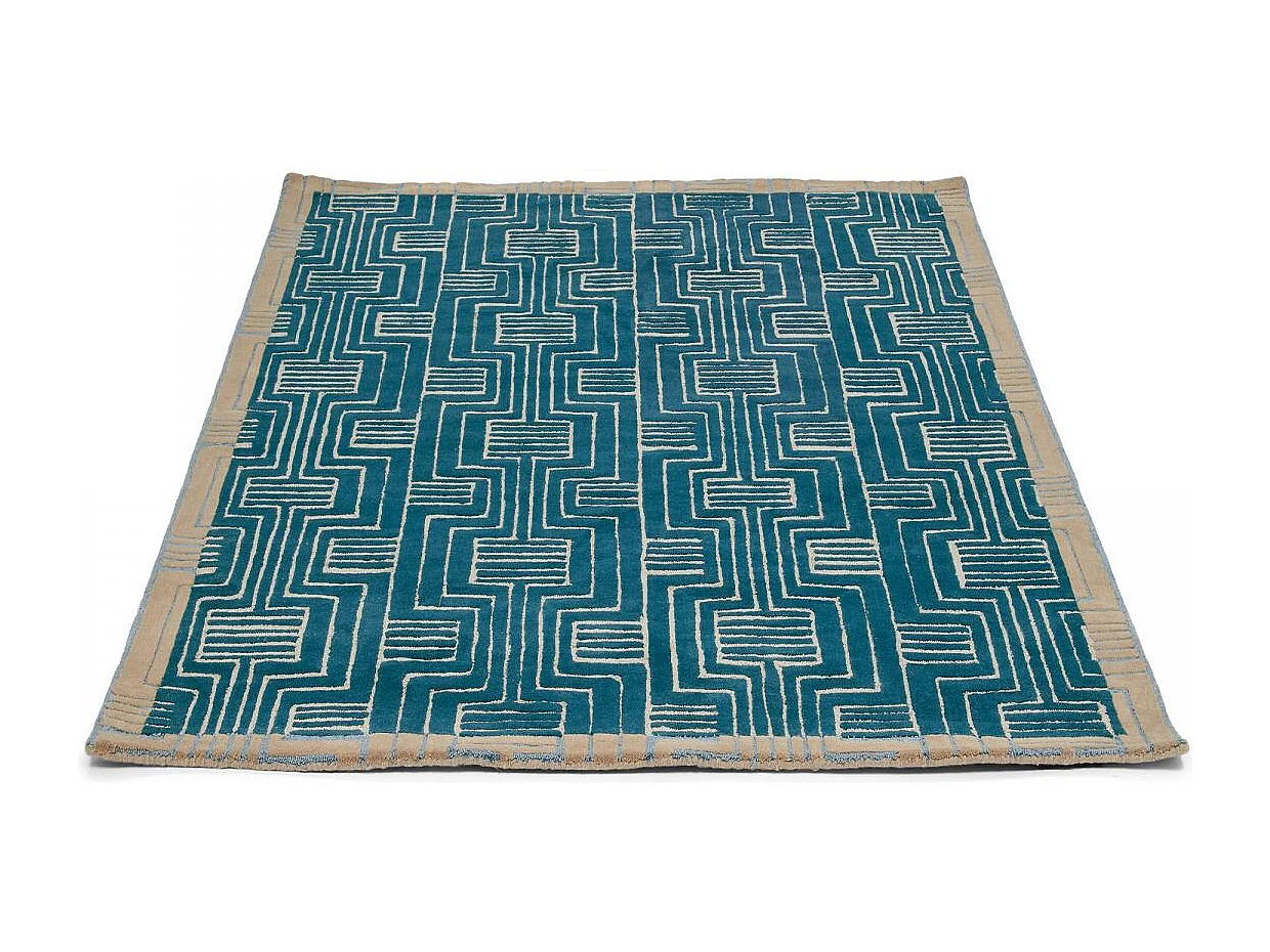 tappeto da ingresso 140x200 realizzato a mano in lana verde e beige disegno geometrico