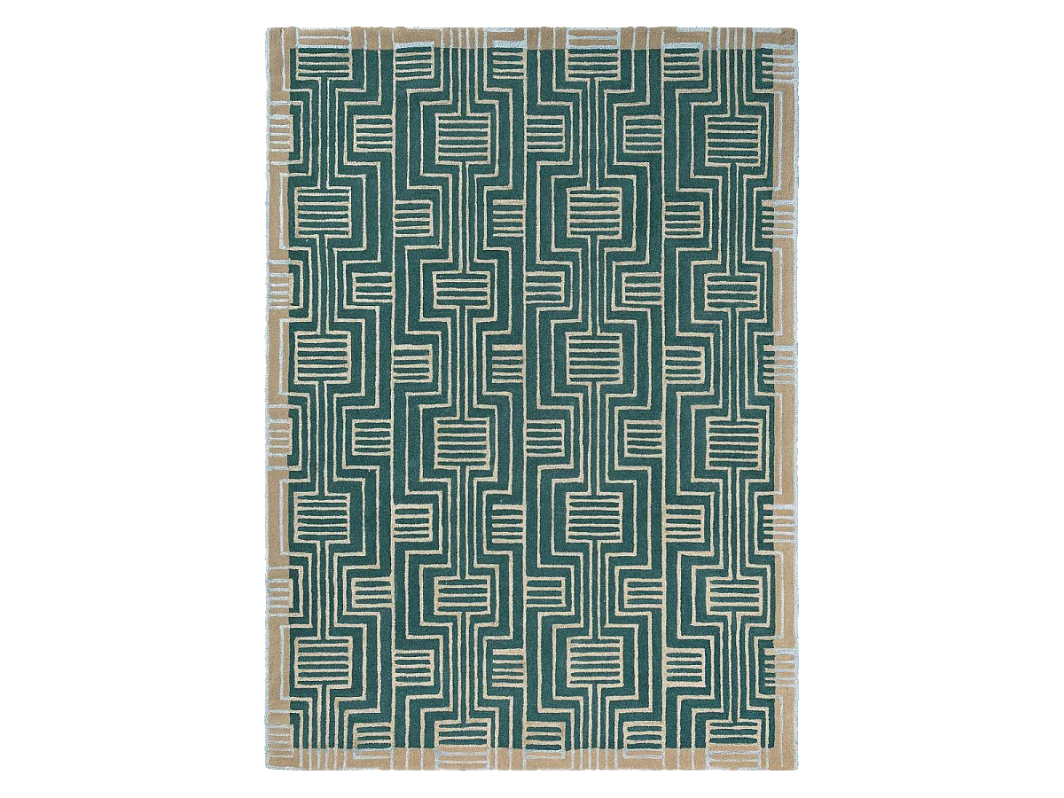 tappeto da ingresso 140x200 realizzato a mano in lana verde e beige disegno geometrico