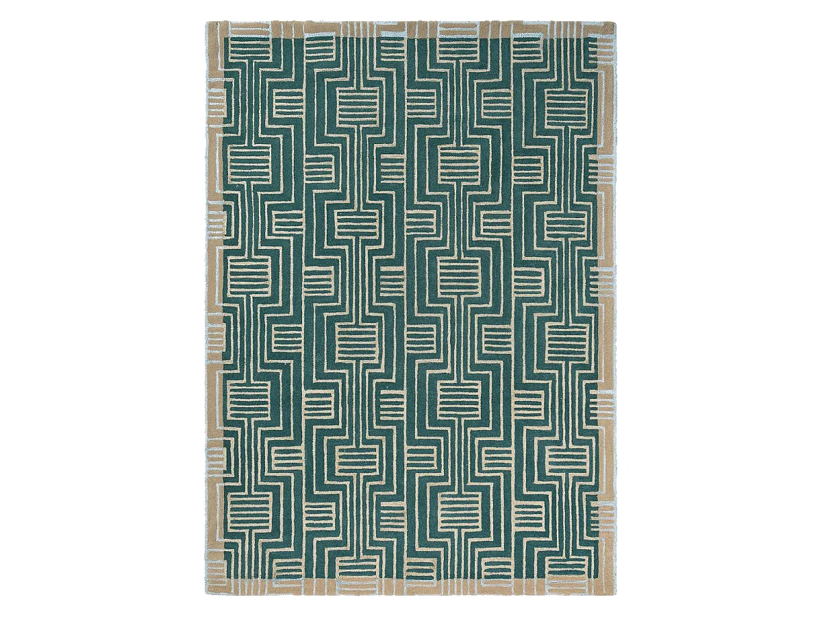 tappeto da ingresso 140x200 realizzato a mano in lana verde e beige disegno geometrico