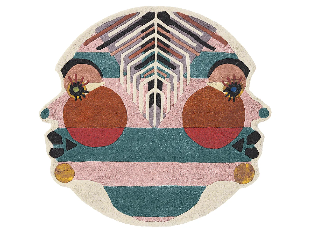 tapis entrée 100x100 fait à la main en laine multicolore motif fresque