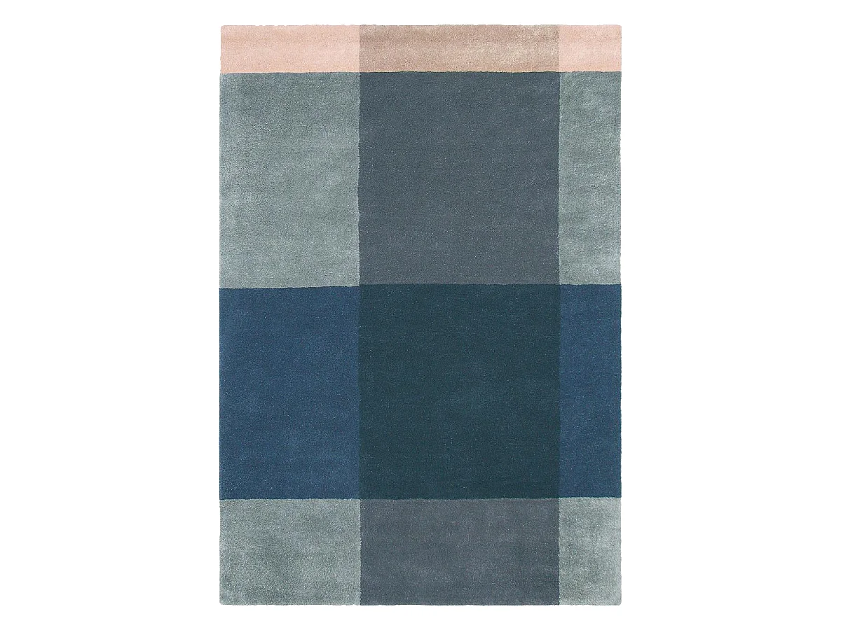 tapis salon 200x280 fait à la main en laine bleu et gris motif seventies