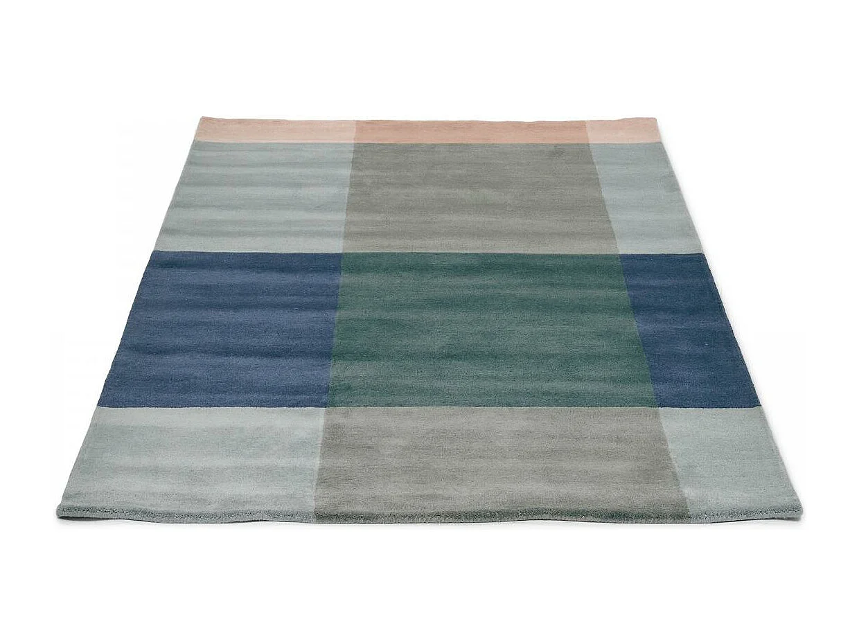 tapis salon 200x280 fait à la main en laine bleu et gris motif seventies