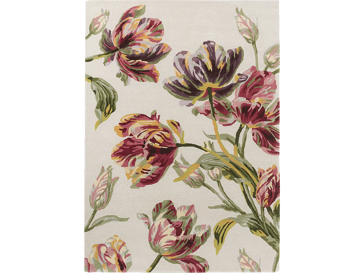 tapis salon 200x280 fait main en laine crème et vert rectangle motif floral