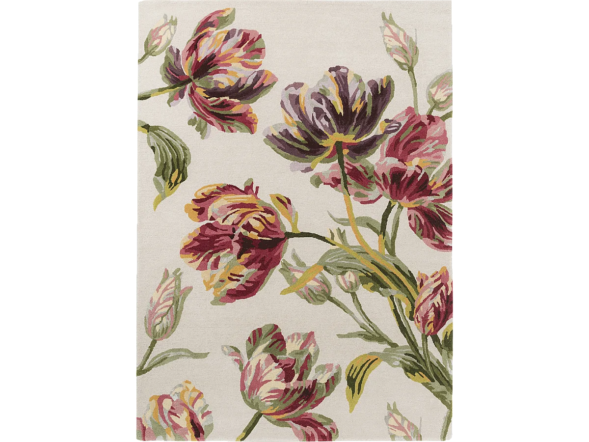 tapis salon 200x280 fait main en laine crème et vert rectangle motif floral