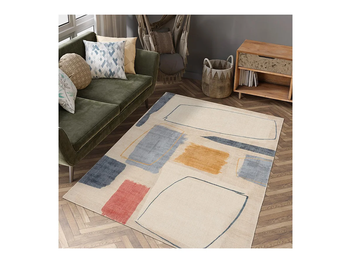 tapis entrée 120x180 fait à la main en laine beige et bleu motif abstrait