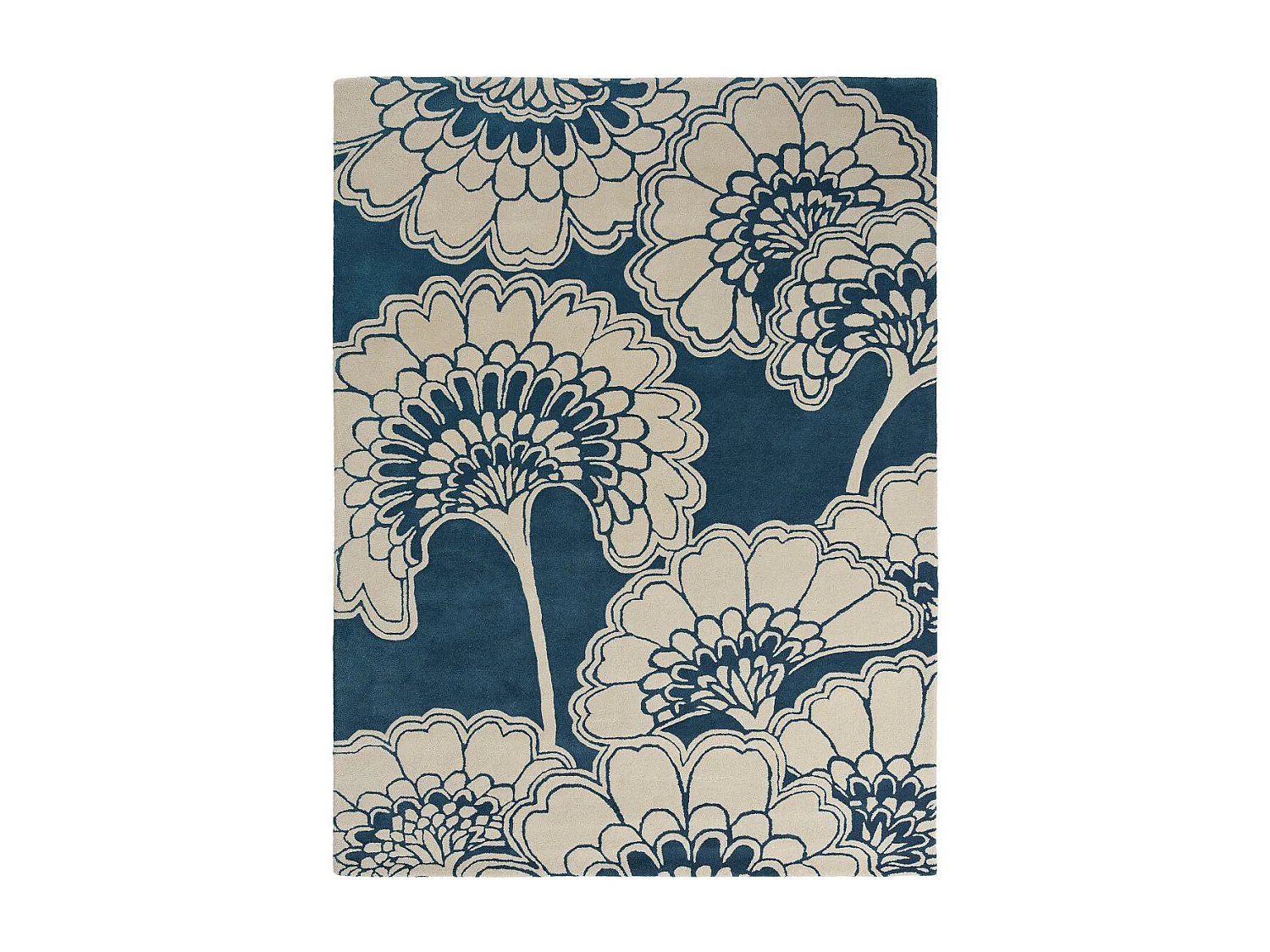 tapis grand salon 250x350 fait à la main en laine bleu rectangle motif floral