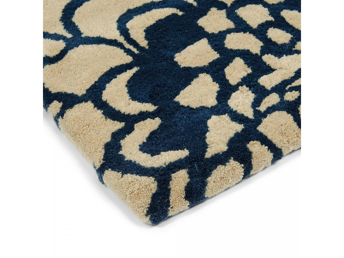 tapis grand salon 250x350 fait à la main en laine bleu rectangle motif floral