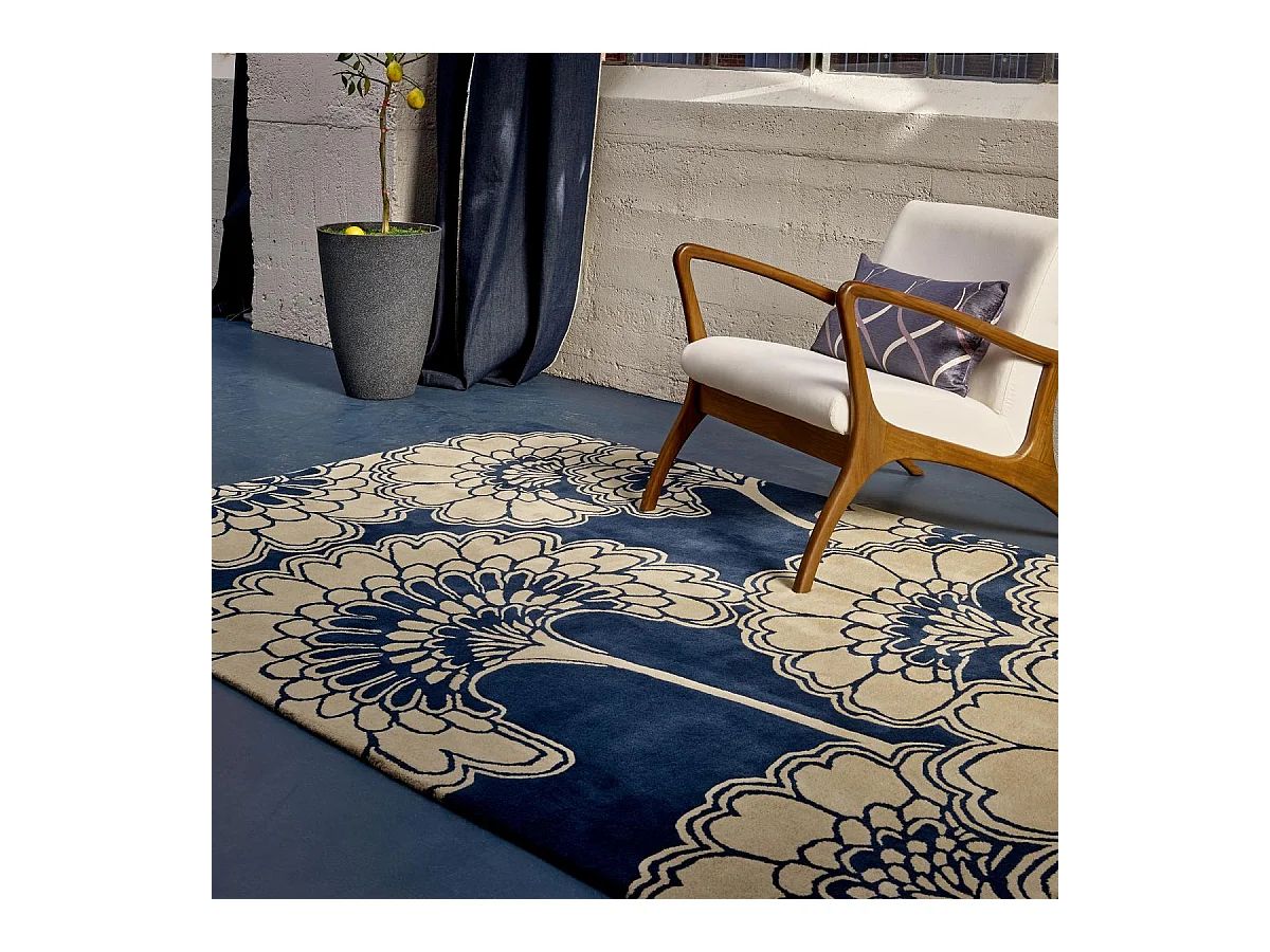 tapis grand salon 250x350 fait à la main en laine bleu rectangle motif floral