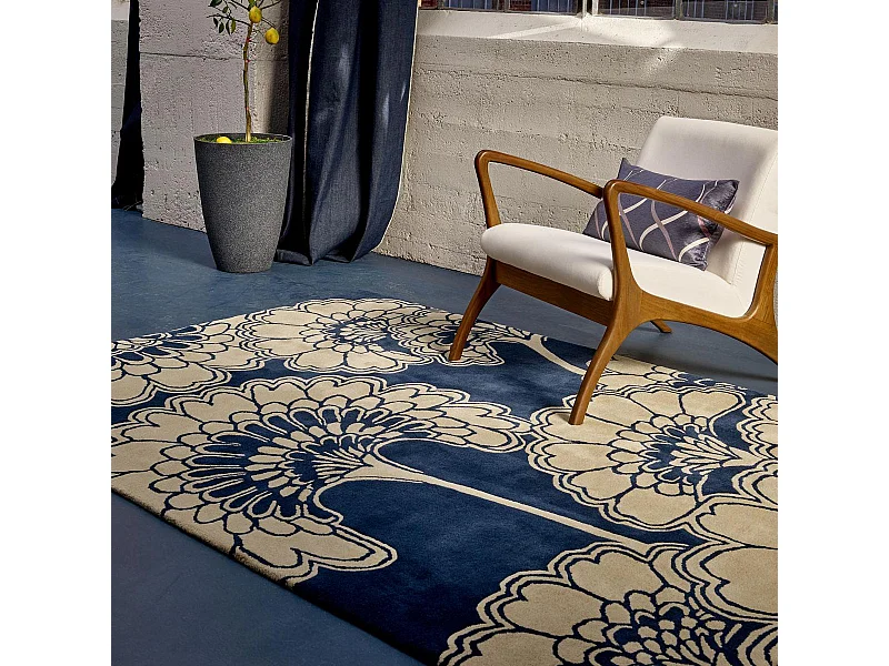tapis grand salon 250x350 fait à la main en laine bleu rectangle motif floral
