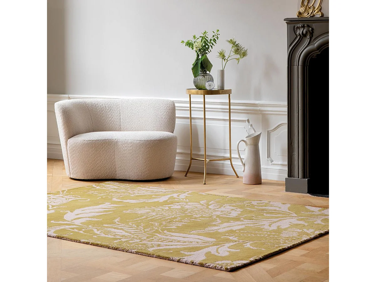 tapis grand salon 250x350 fait à la main en laine jaune rectangle motif floral
