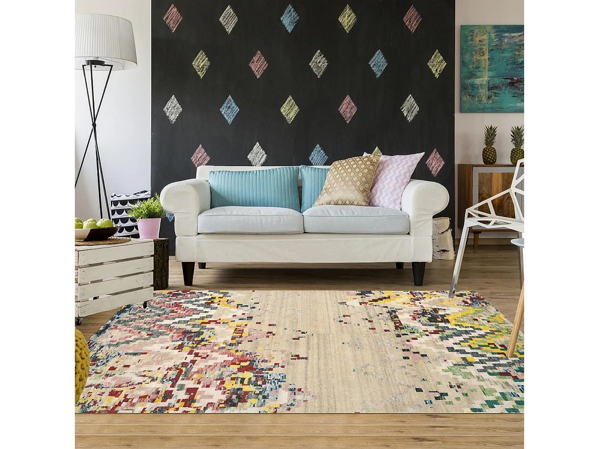 tapis chambre 170x240 tissé en laine beige et rouge rectangle motif abstrait