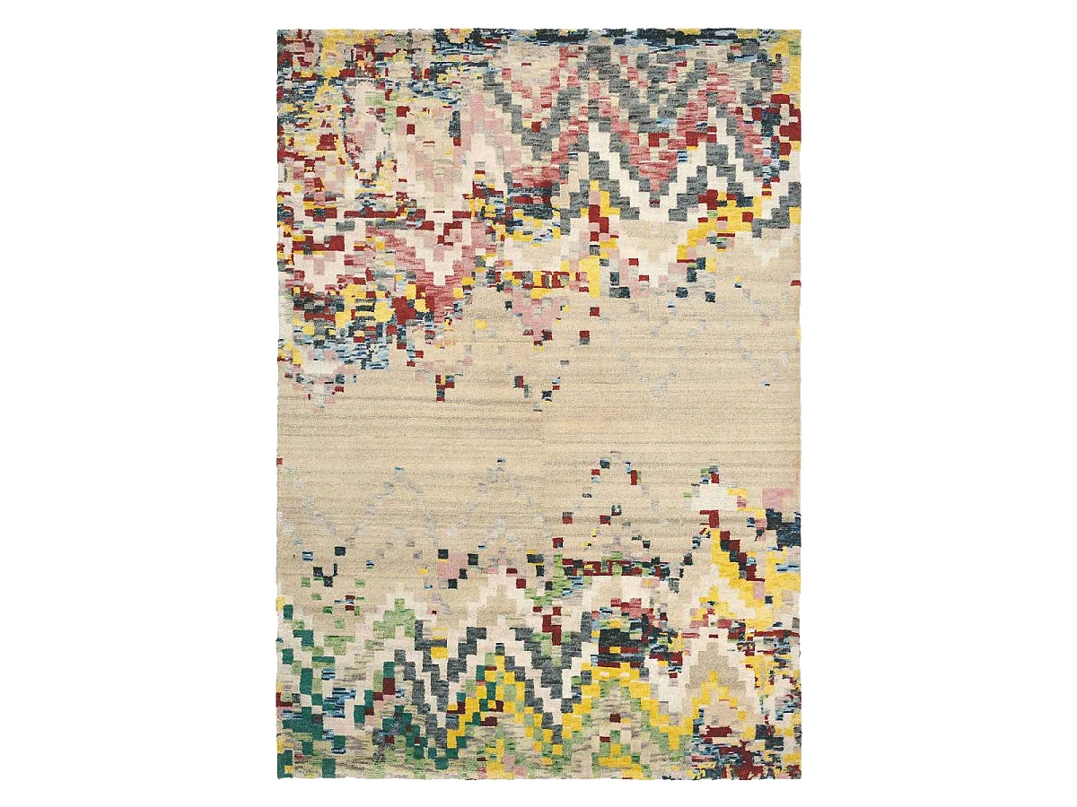 tapis chambre 170x240 tissé en laine beige et rouge rectangle motif abstrait