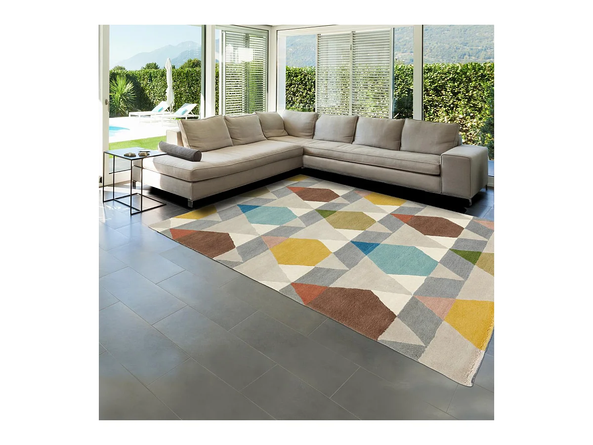 tapis chambre 160x230 tissé en laine gris et jaune rectangle motif géométrique