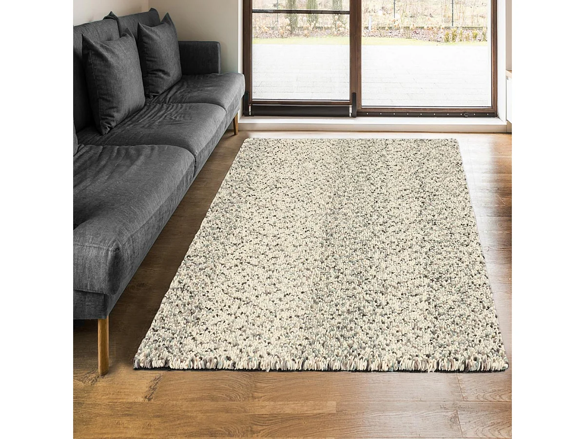 Tapis longs poils shaggy 170x240 rectangle tissé beige et gris en laine