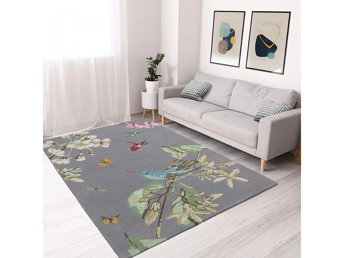 tapis chambre 170x240 fait à la main en laine gris et crème motif floral