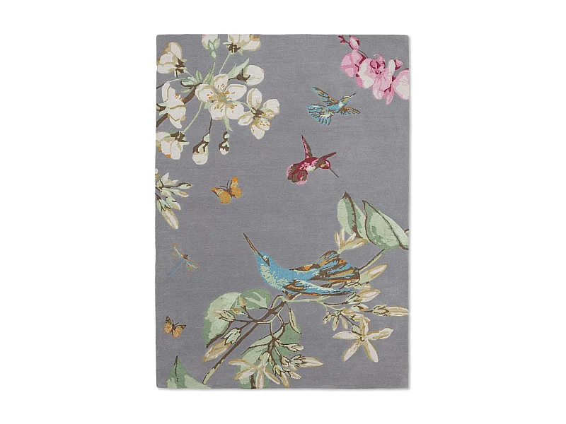 tapis chambre 170x240 fait à la main en laine gris et crème motif floral
