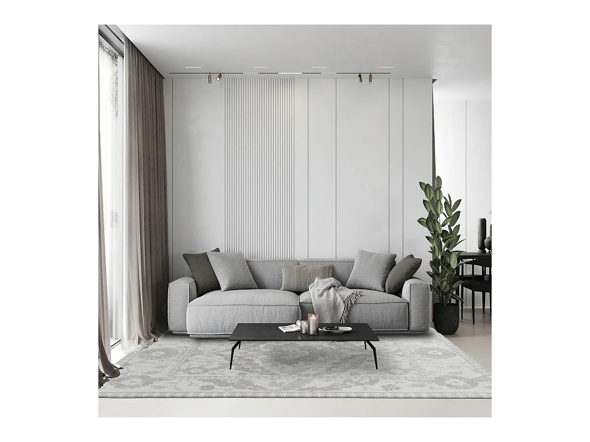 tapis salon 170x240 fait main en coton gris acier rectangle motif floral NEWBOR
