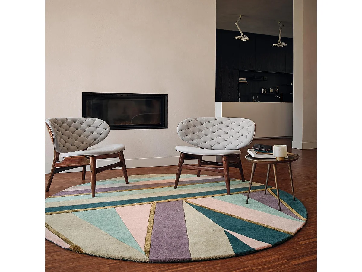 Tapis rond Ø200cm fait à la main en laine motif géométrique pour salon