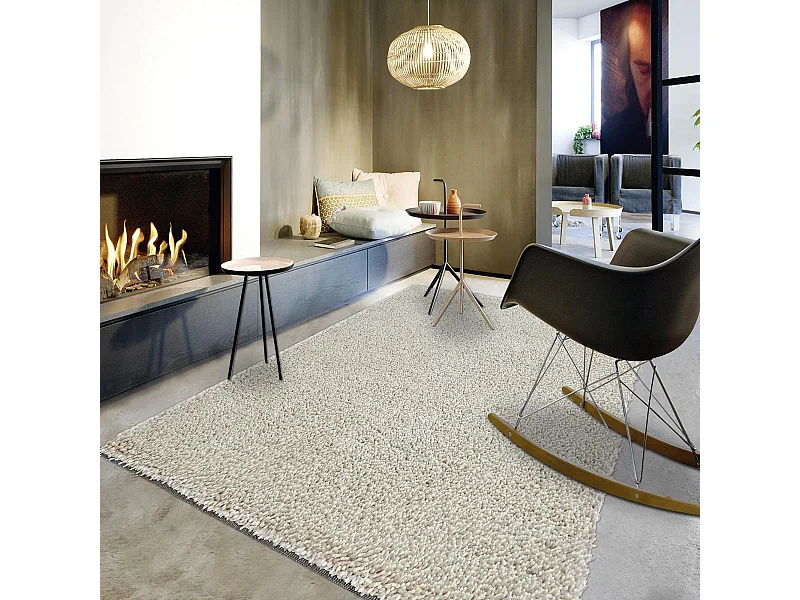 Tapis longs poils shaggy 170x240 rectangle tissé gris et beige en laine