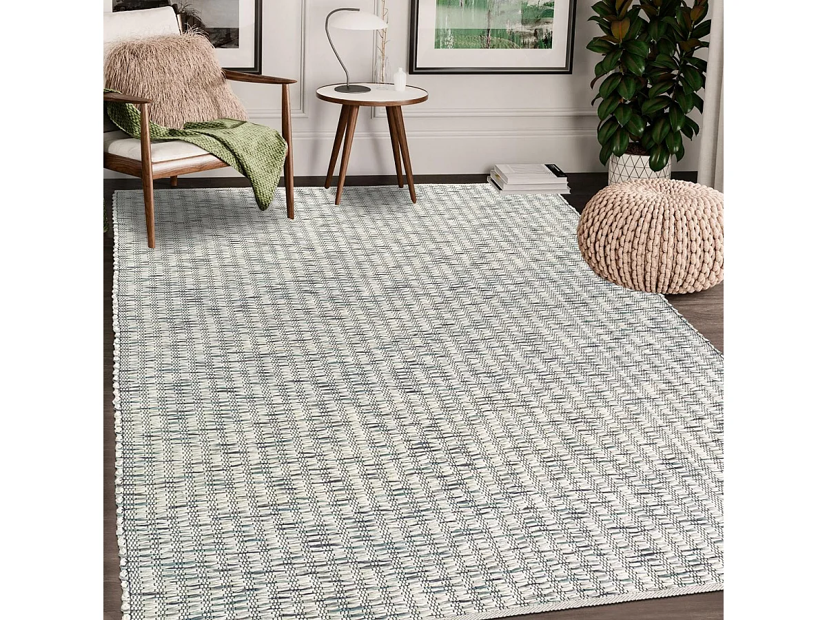 Tapis kilim 200x280 rectangle fait main en laine crème et vert motif faux uni