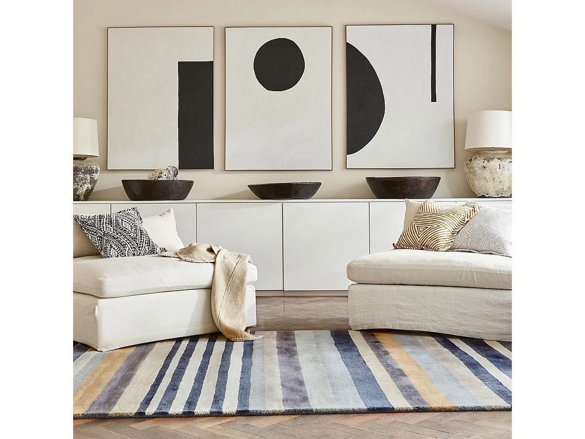 tapis salon 200x280 fait à la main en laine gris et bleu marine