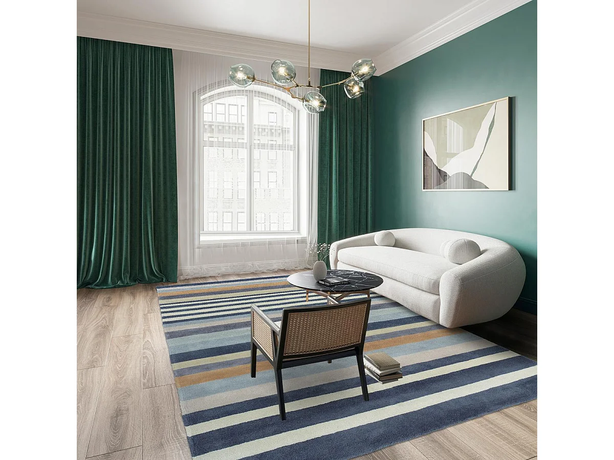 tapis salon 200x280 fait à la main en laine gris et bleu marine