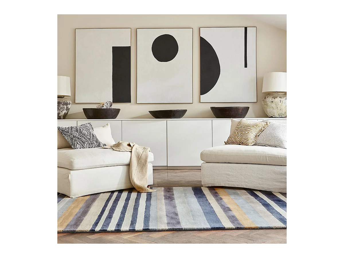 tapis salon 200x280 fait à la main en laine gris et bleu marine