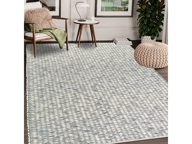 Tapis kilim 140x200 rectangle fait main en laine crème et vert motif faux uni