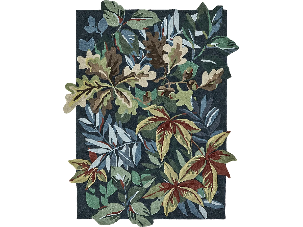 tapis entrée 140x200 fait main en laine vert et bleu rectangle motif floral