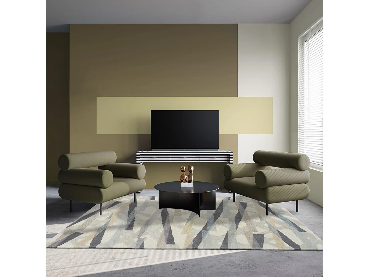 tapis salon 200x280 fait à la main en laine gris et violet motif géométrique