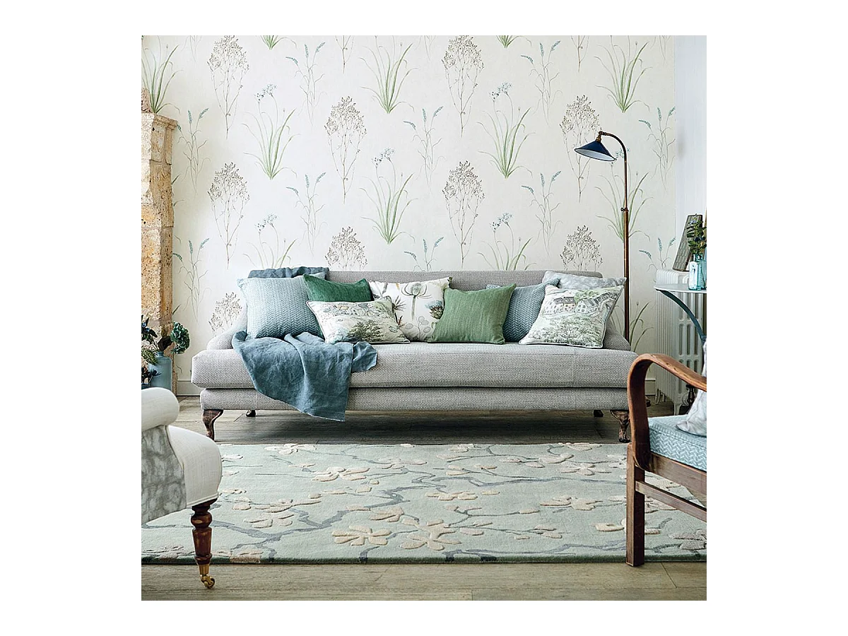 tapis salon 200x280 fait à la main en laine bleu et gris rectangle motif floral