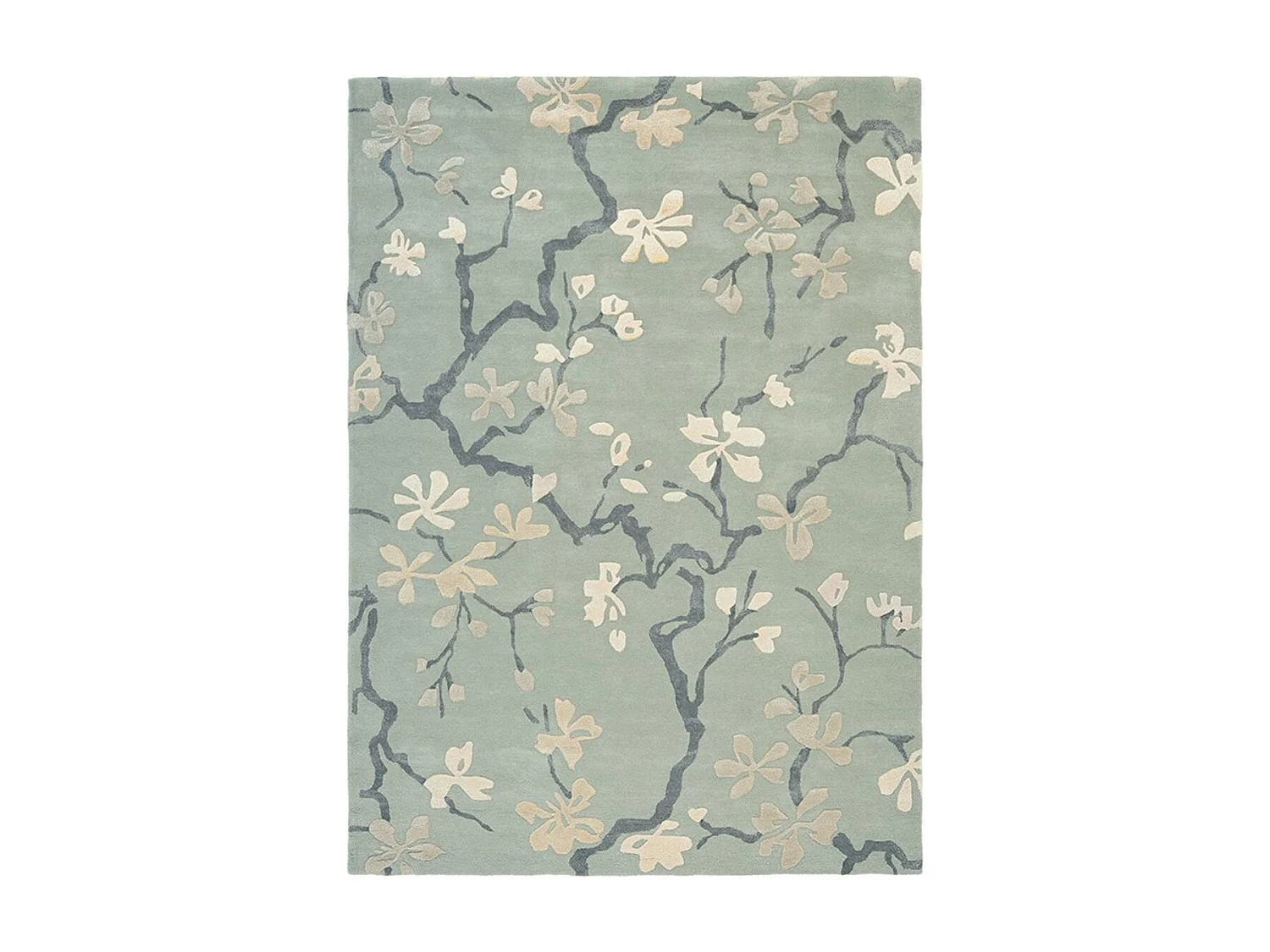 tapis salon 200x280 fait à la main en laine bleu et gris rectangle motif floral