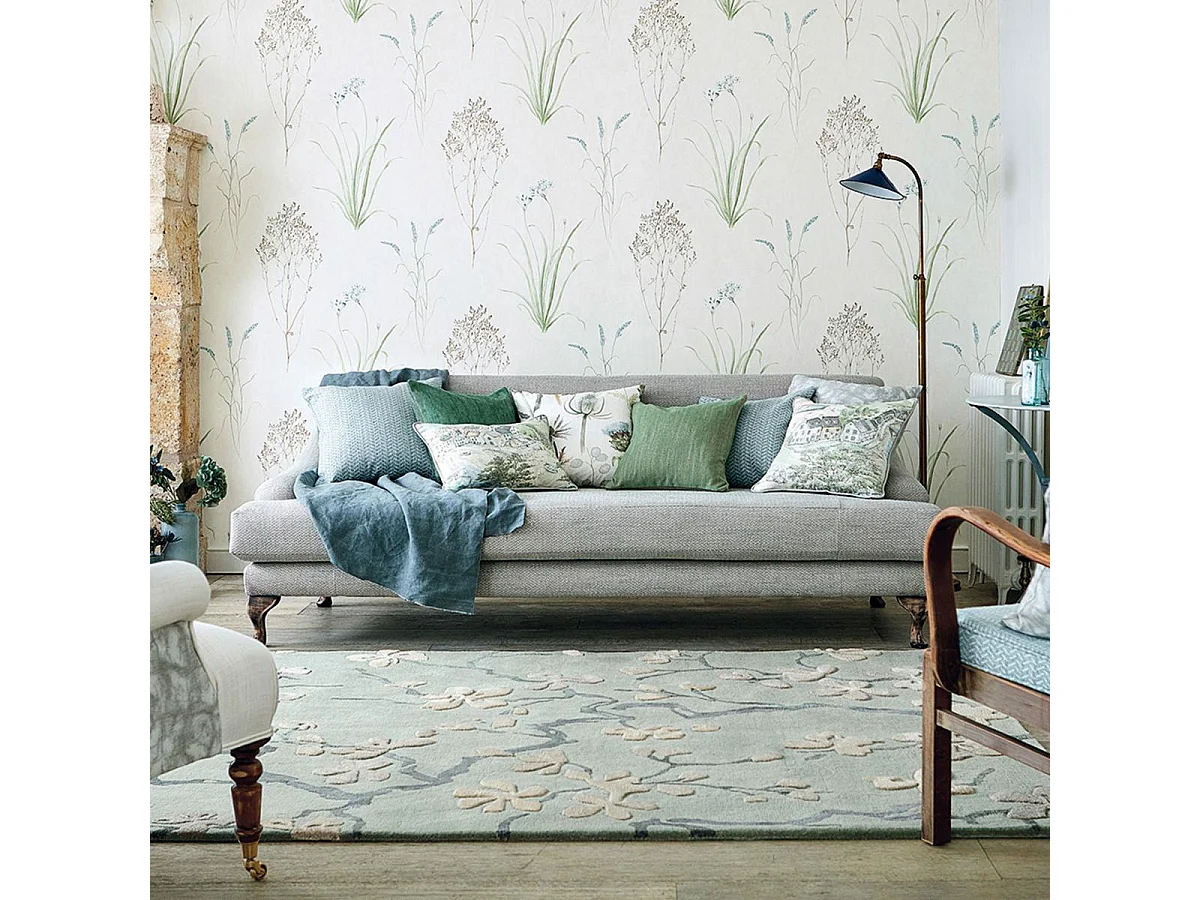 tapis salon 200x280 fait à la main en laine bleu et gris rectangle motif floral