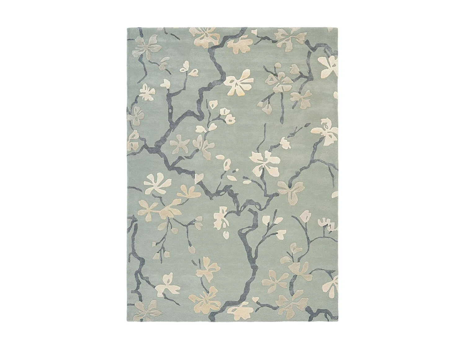 tapis salon 200x280 fait à la main en laine bleu et gris rectangle motif floral