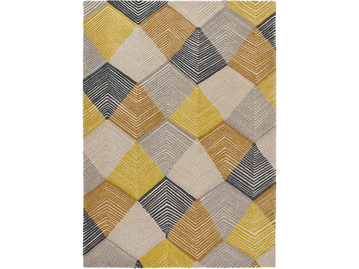 tapis grand salon 250x350 fait à la main en laine jaune et gris