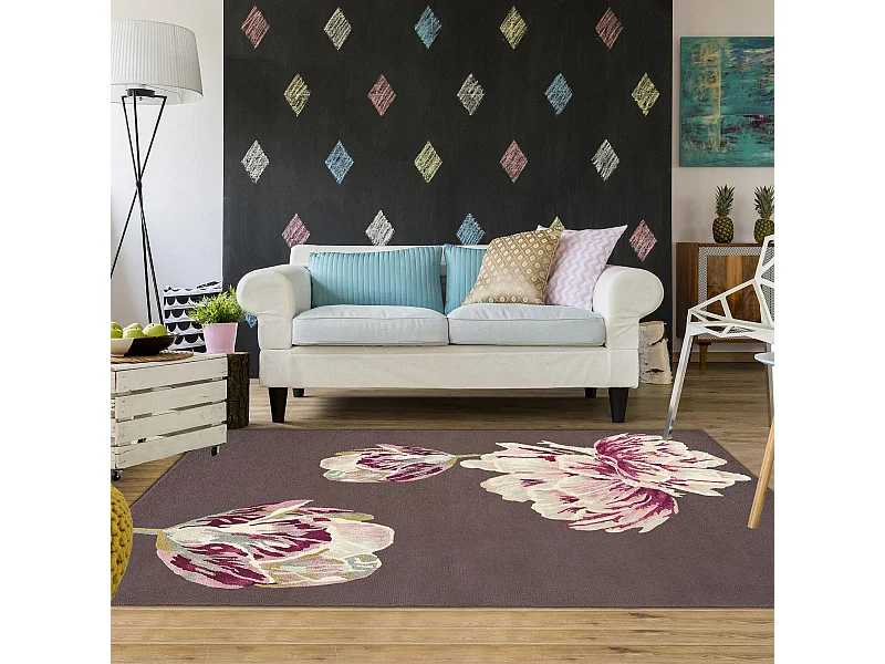 tapis chambre 170x240 fait à la main en laine marron et beige motif floral