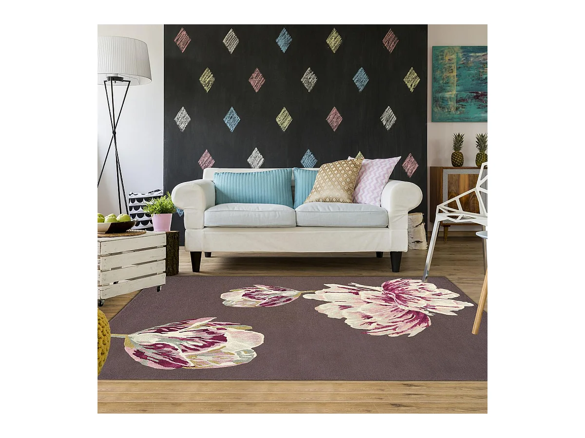 tapis chambre 170x240 fait à la main en laine marron et beige motif floral