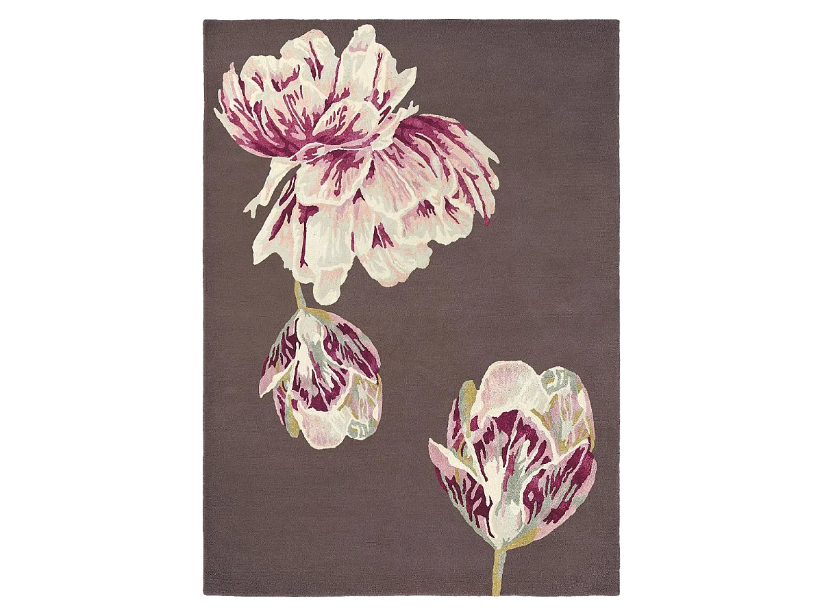 tapis chambre 170x240 fait à la main en laine marron et beige motif floral