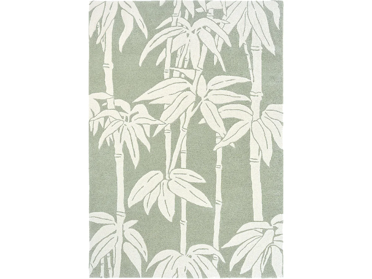 tapis chambre 170x240 fait à la main en laine vert gris et crème motif floral