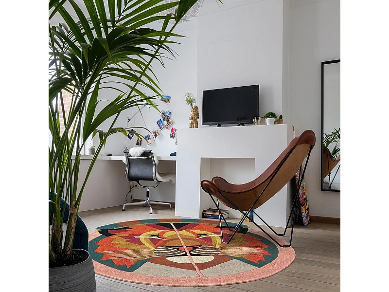 tapis entrée 100x100 fait à la main en laine multicolore motif fresque