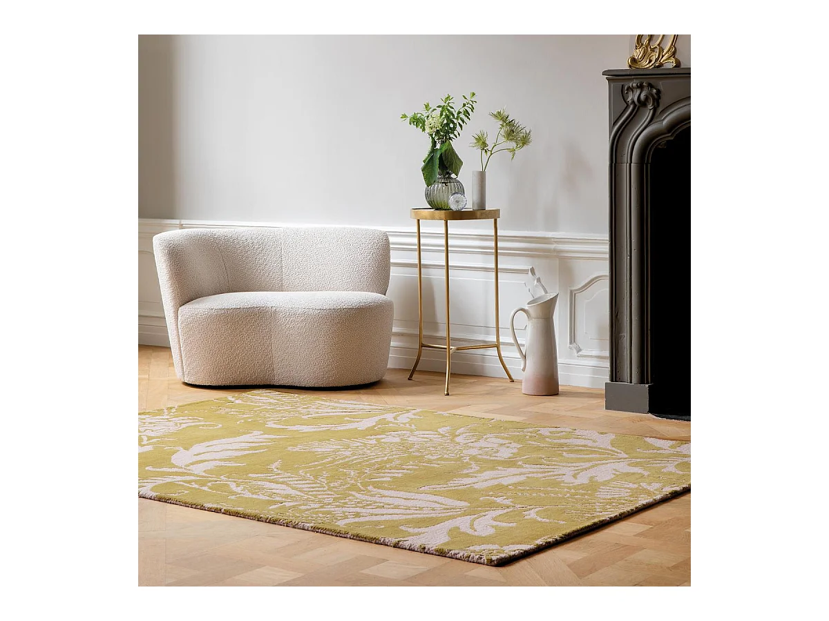 tapis entrée 140x200 fait à la main en laine jaune rectangle motif floral BAROQUE