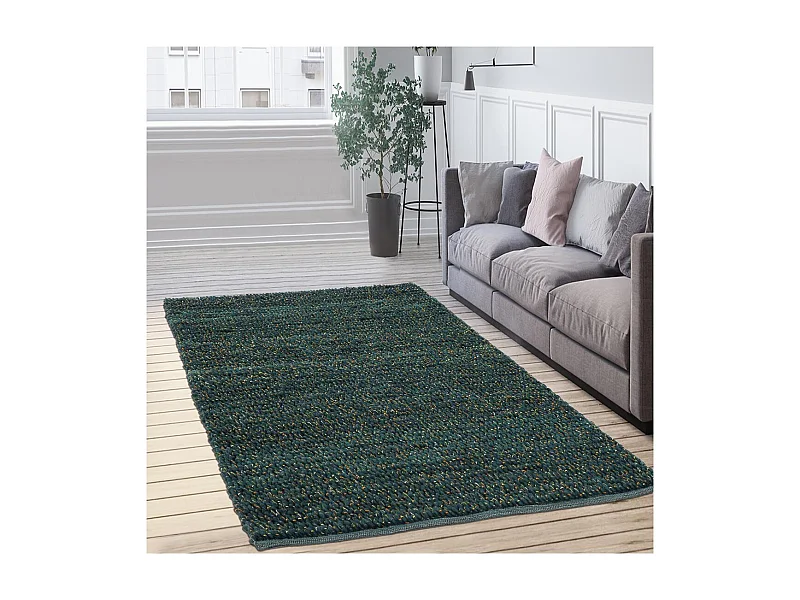 tapis entrée 140x200 tissé en laine vert rectangle motif uni COBLE