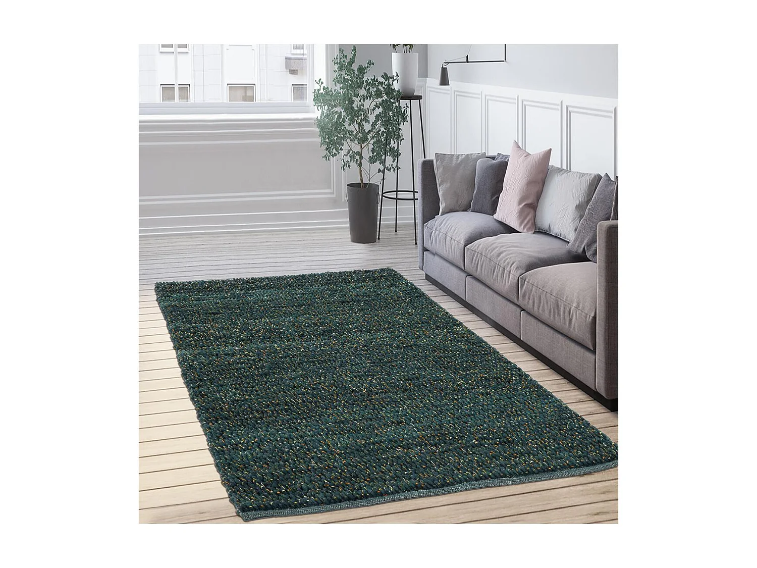 tapis entrée 140x200 tissé en laine vert rectangle motif uni COBLE