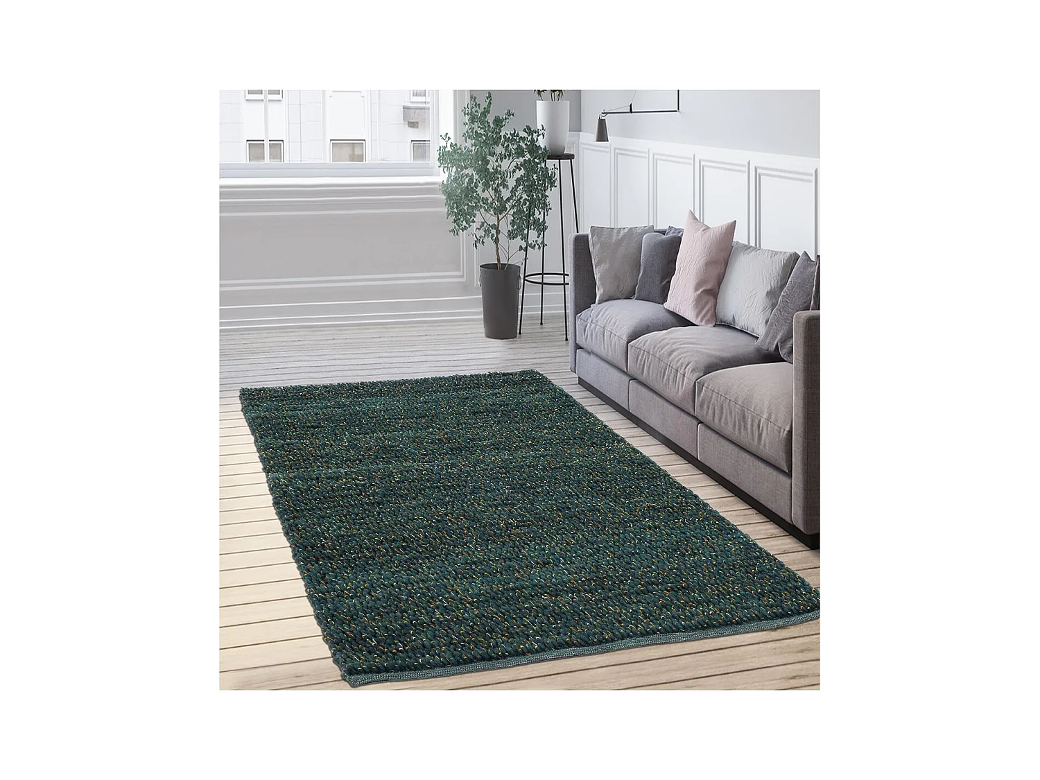 tapis entrée 140x200 tissé en laine vert rectangle motif uni COBLE