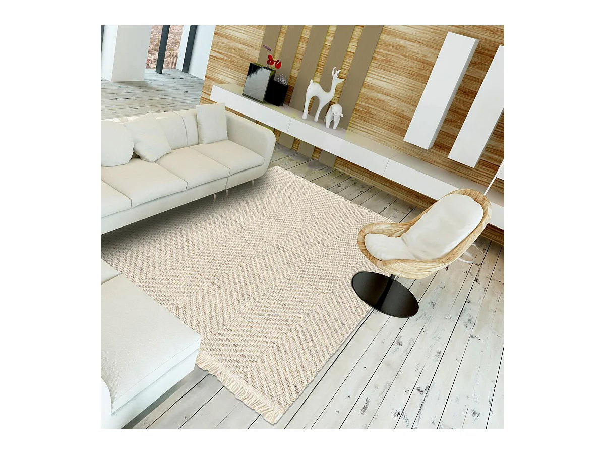 Tapis kilim 250x350 rectangle tissé en laine beige motif géométrique TWILL